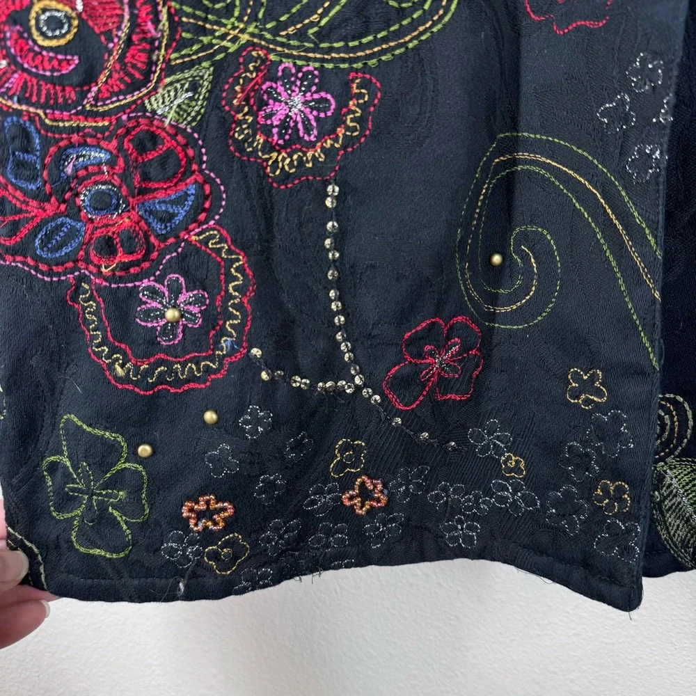 Chico's Artsy Embroidered Jacket Colorful Floral Beaded Studs Black Long Medium - Picture 6 of 6